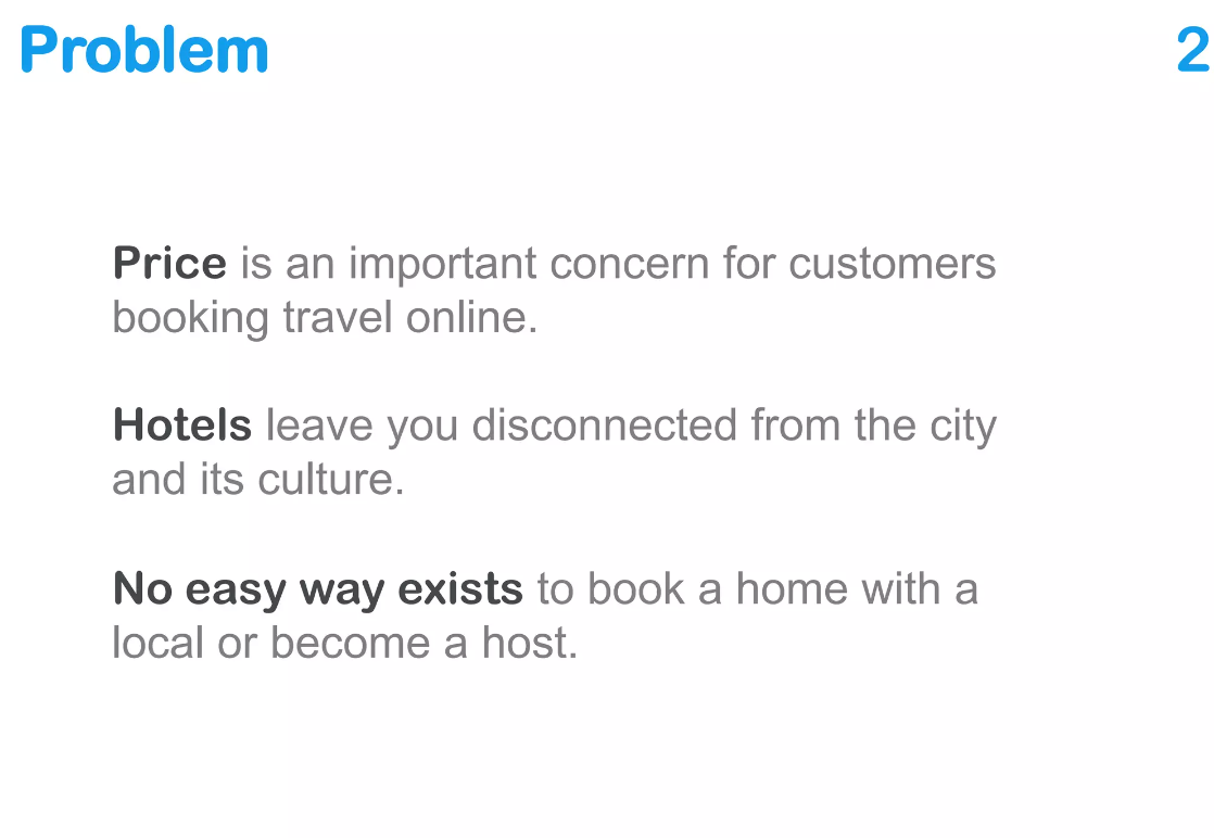 Airbnb pitch deck slide highlighting problems.