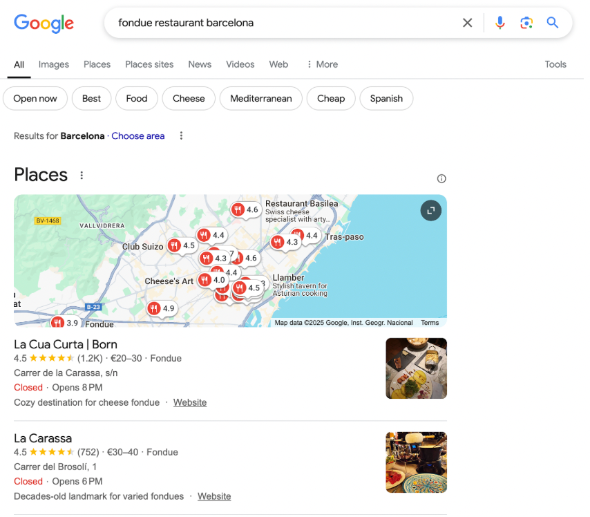 Local results for “fondue restaurant barcelona.”