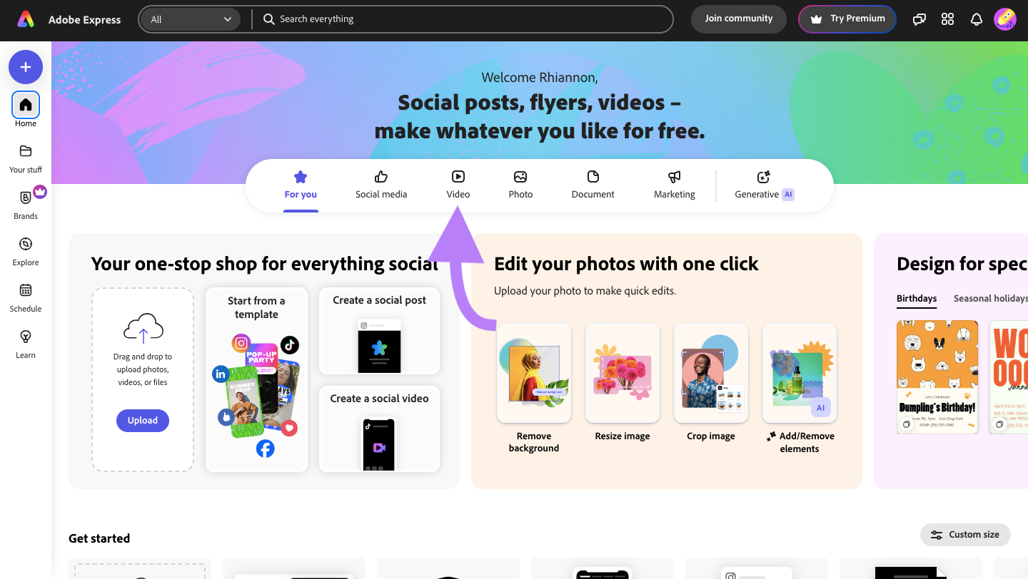A screenshot of the Adobe Express dashboard.