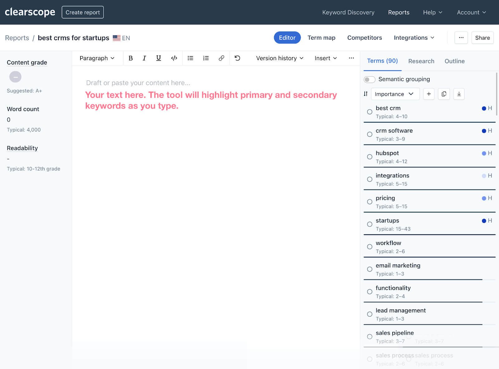 Clearscope editor ui