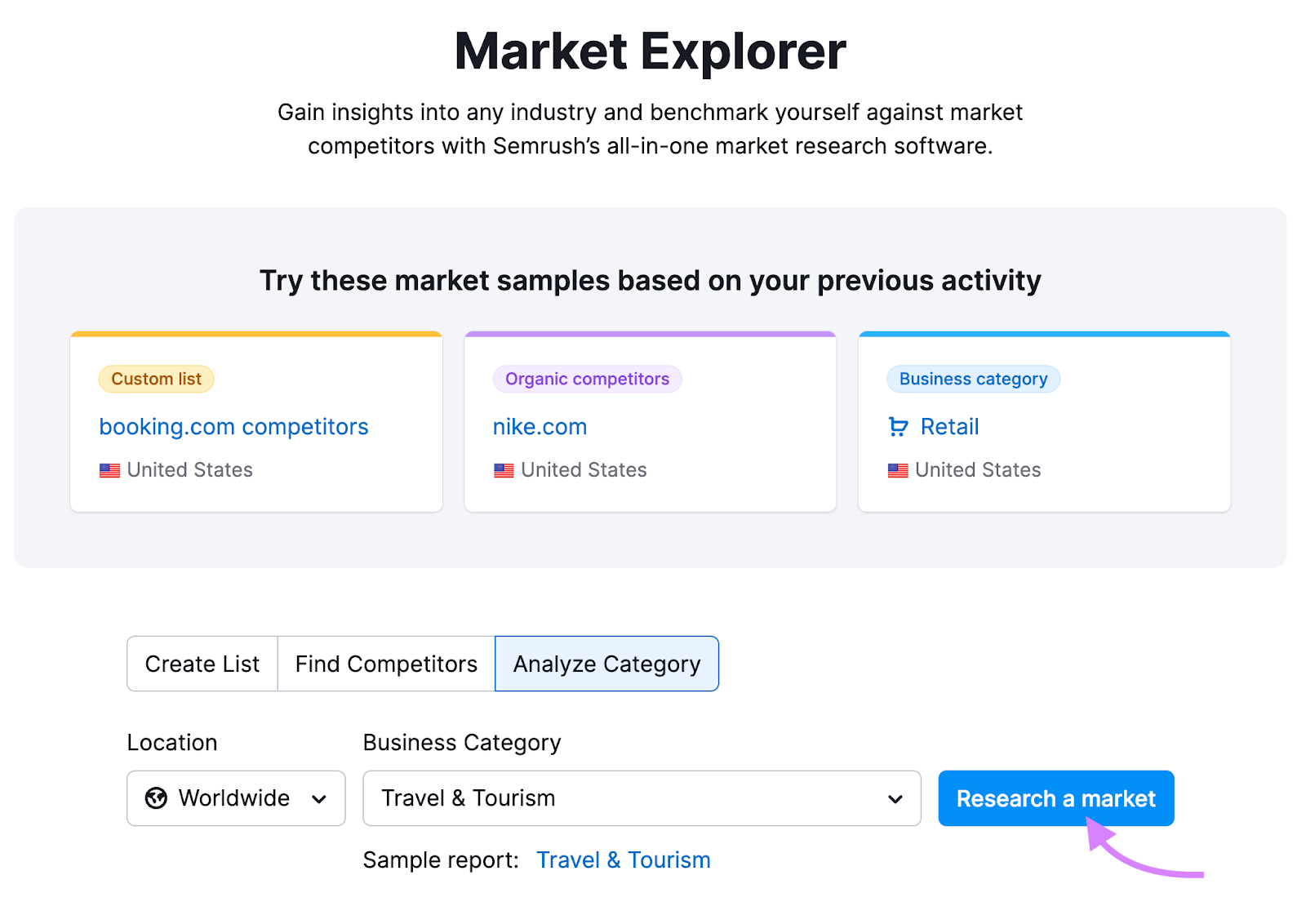 Semrush’s Market Explorer tool