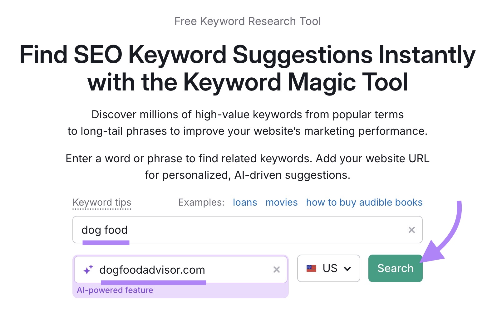 Keyword Magic Tool with a keyword and domain entered along with "Search" clicked.