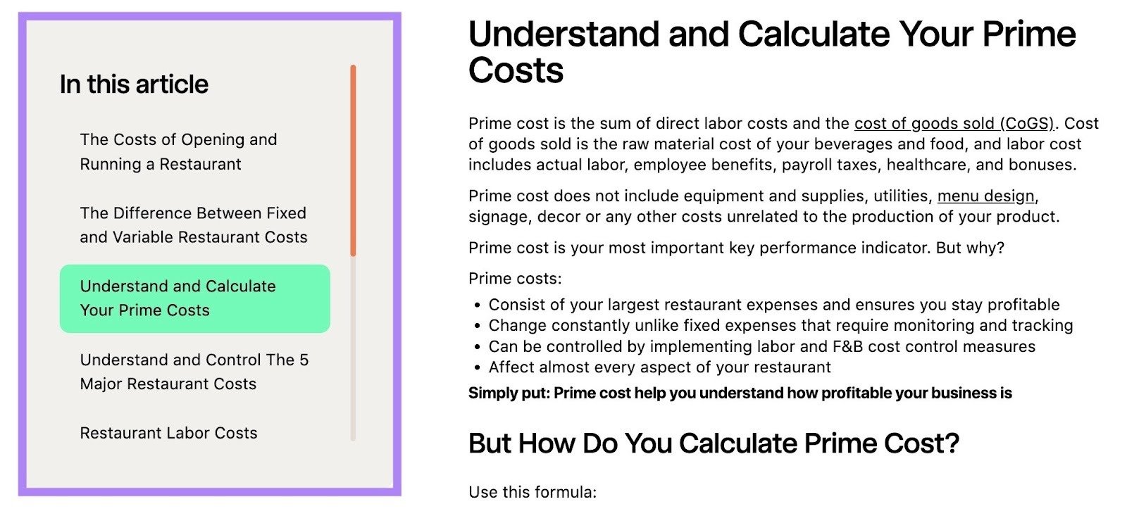 A sticky table of contents on the left-hand side of a pillar page by 7Shifts.