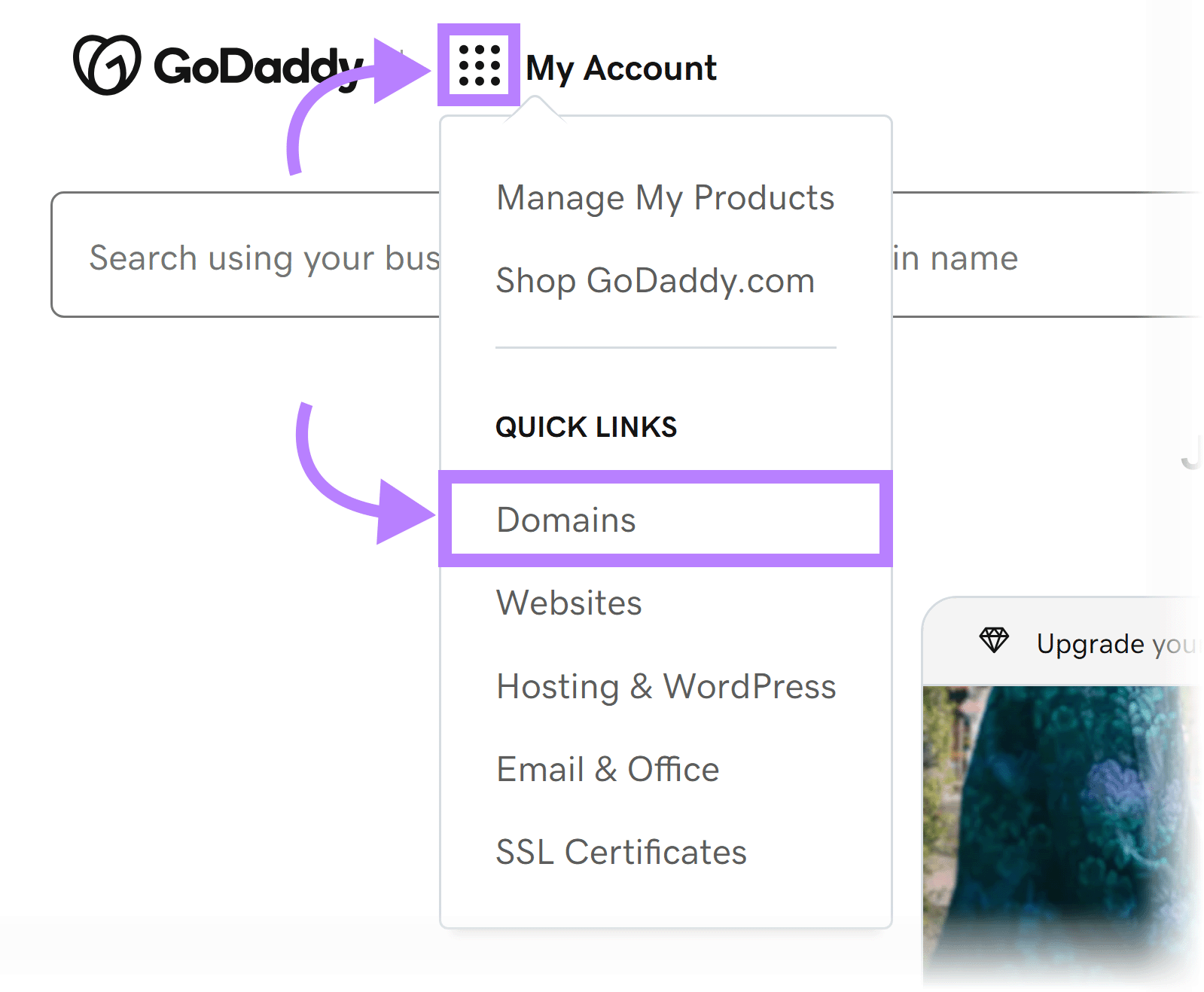 GoDaddy account menu highlighting the Domains option under My Account.