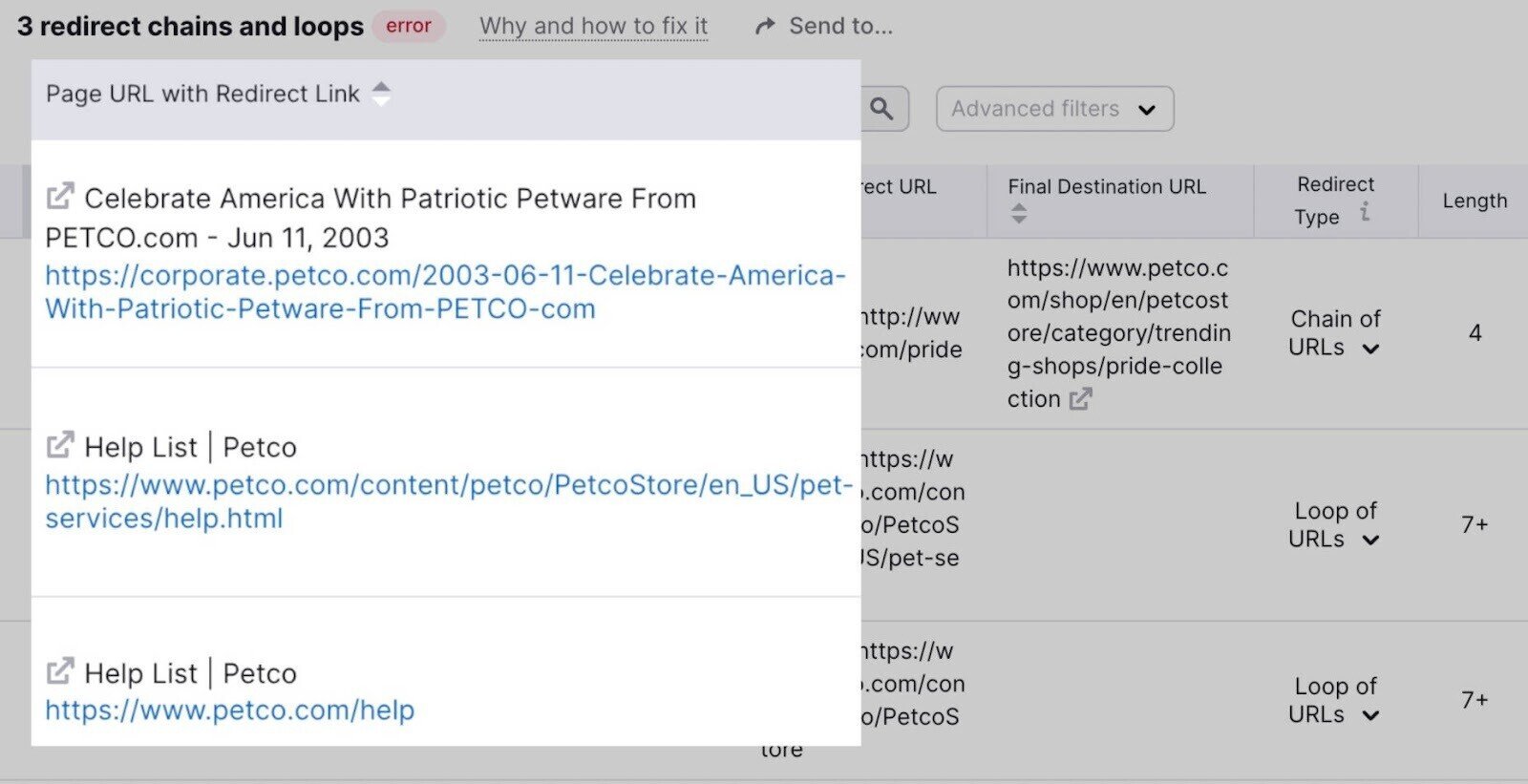 Redirect chains and loops issues found for Petco’s website