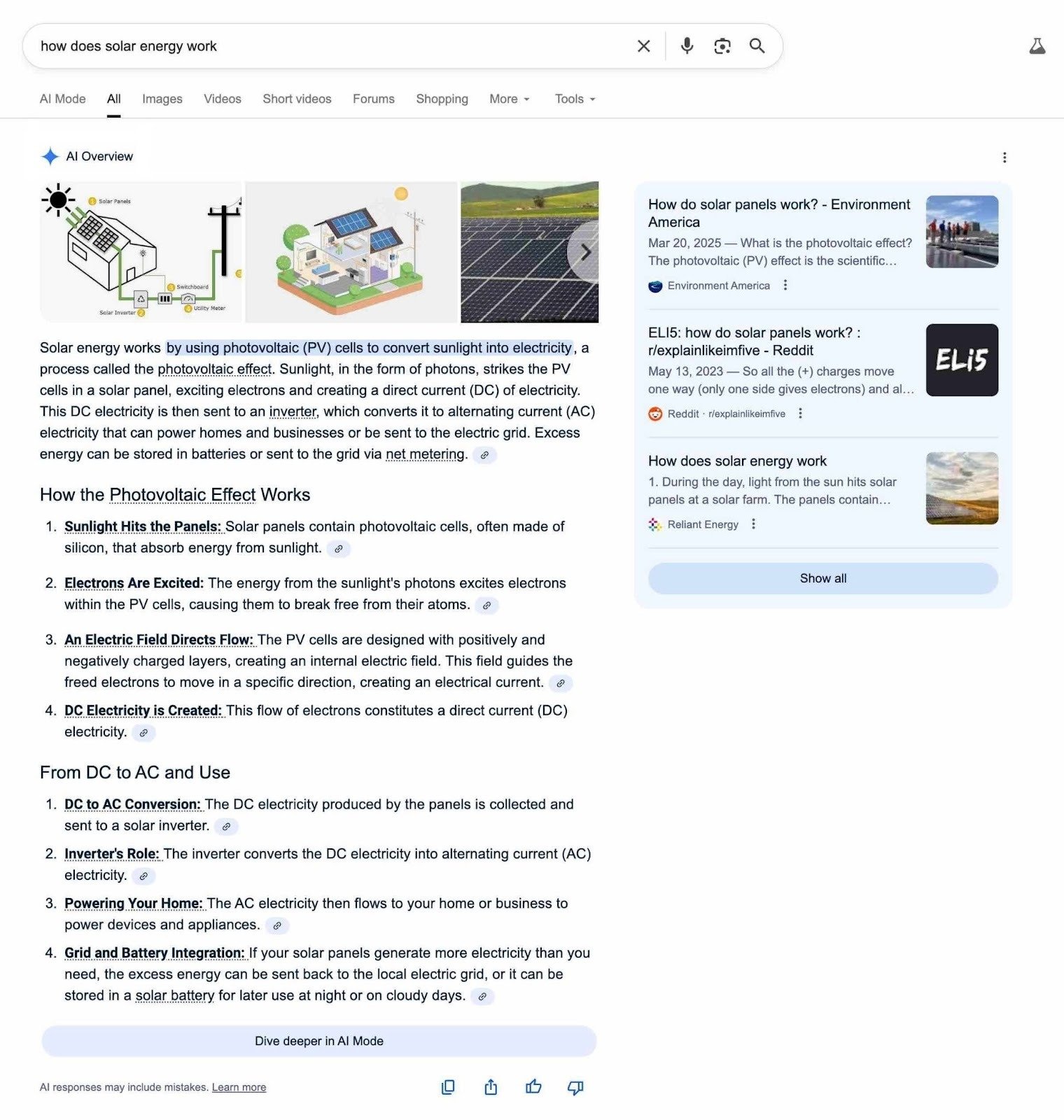 SERP for the term "how does solar energy work" yielding an AI Overview result.