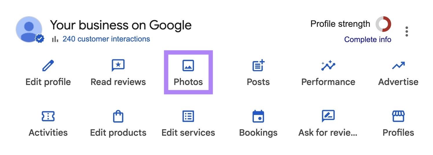 Google Business Profile dashboard with the "Photos" button highlighted.