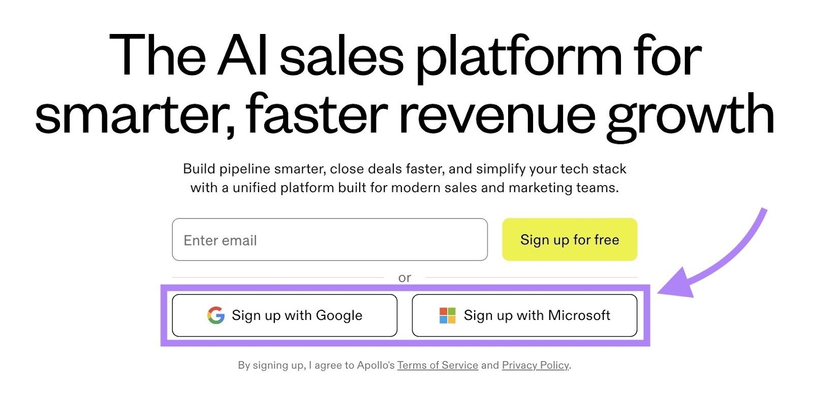 Apollo.io offering multiple sign-up options from their homepage including using a Google or Microsoft account.