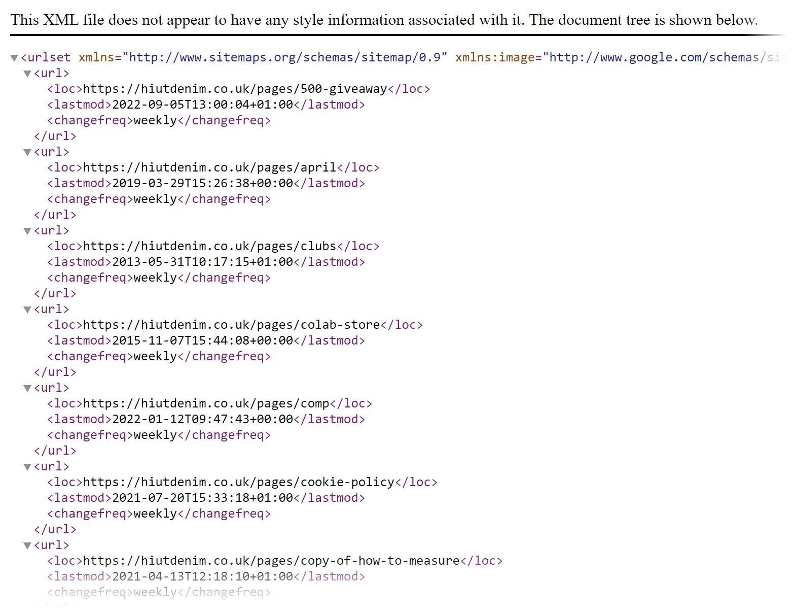 Hiut Denim’s child sitemaps looks like