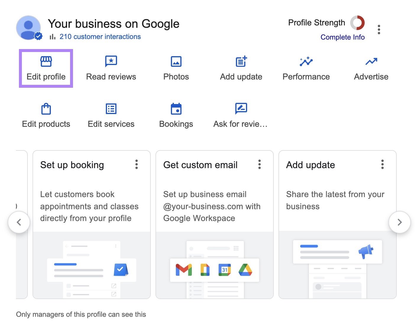 Google Business Profile dashboard with the "Edit profile" button highlighted.