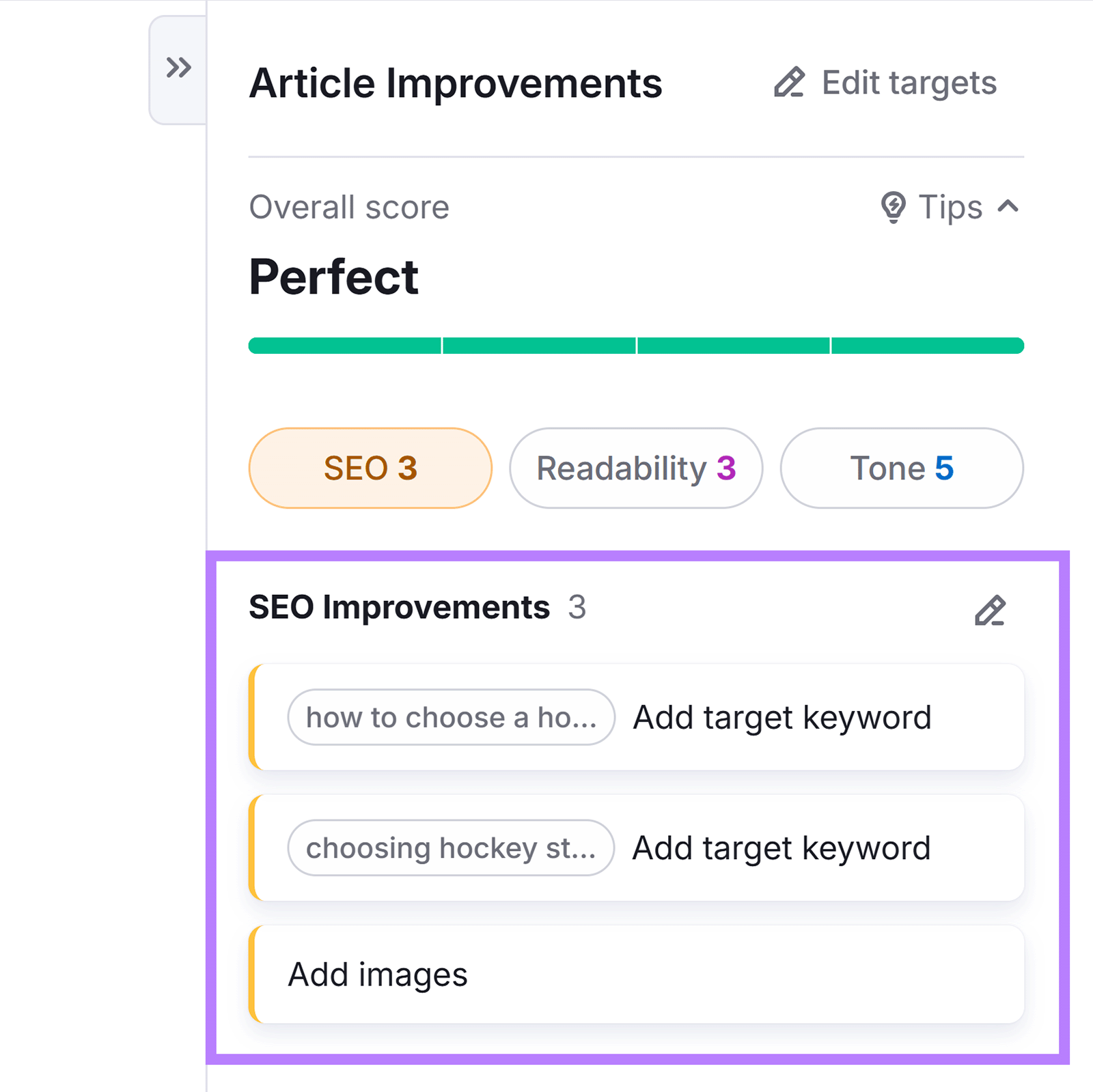 Article improvements panel highlighting SEO suggestions like adding target keywords.