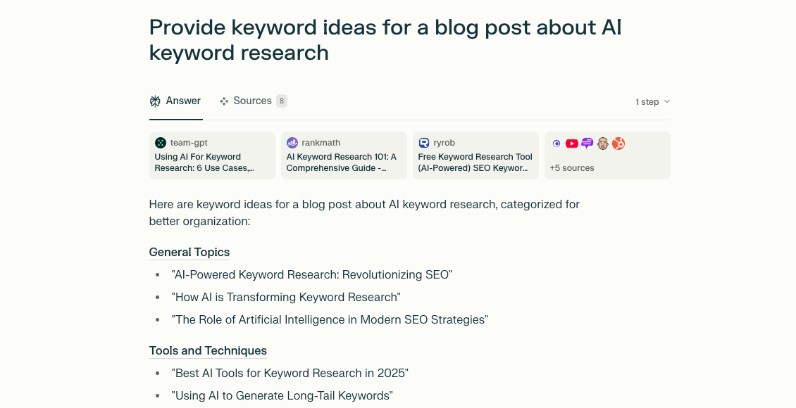 Perplexity interface showing a prompt asking for keyword ideas for a blog post along with the response generated by the tool.