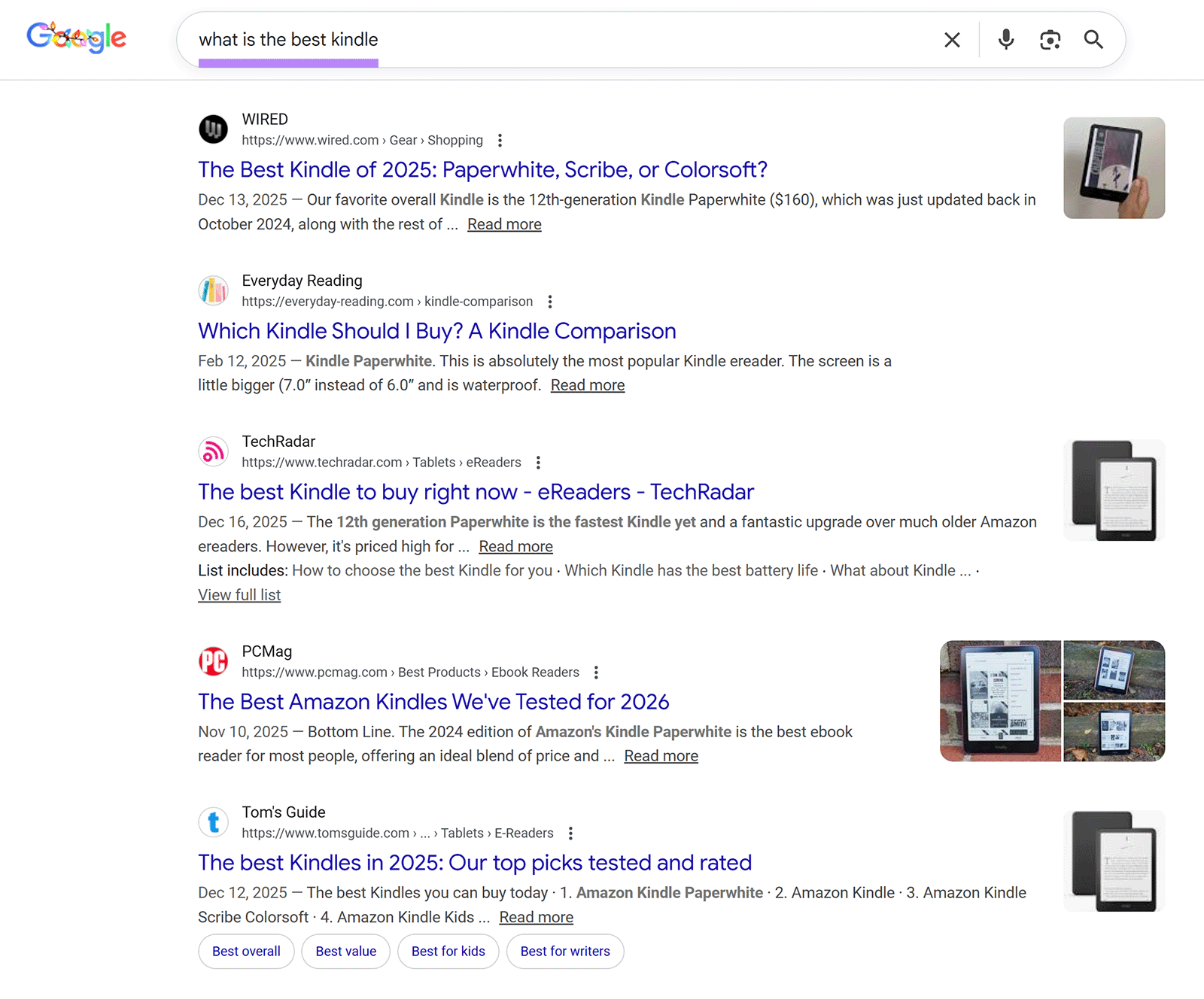 Google search results page showing top-ranking articles for “what is the best kindle” query.