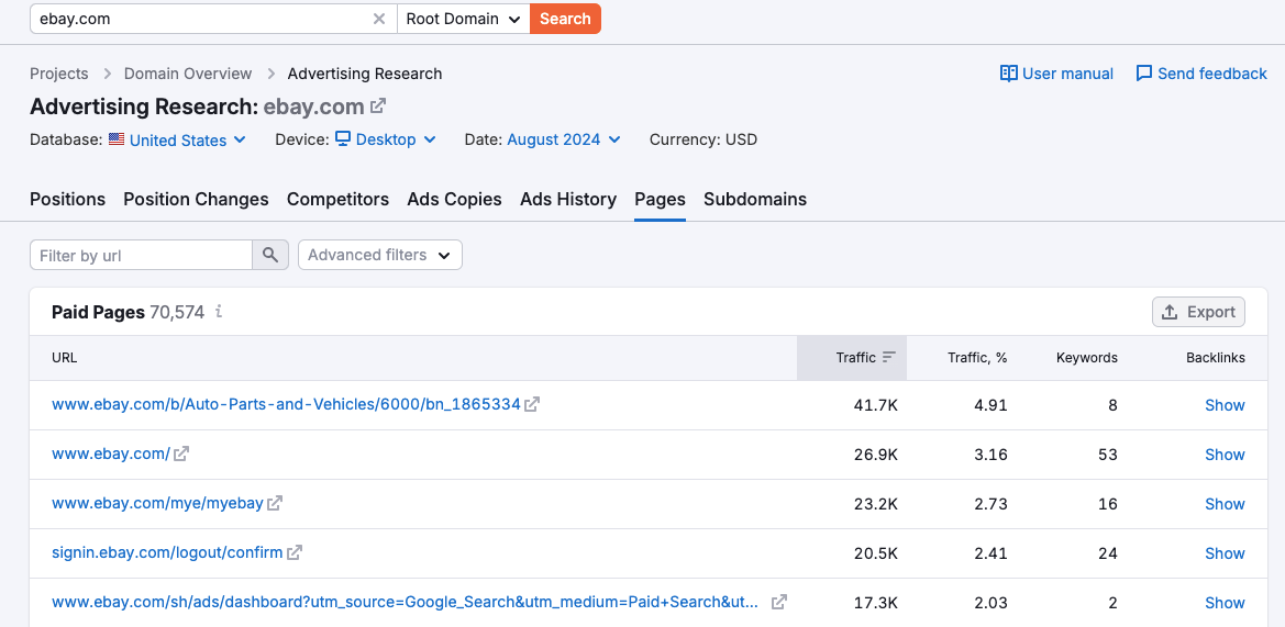 ebay advertising research pages
