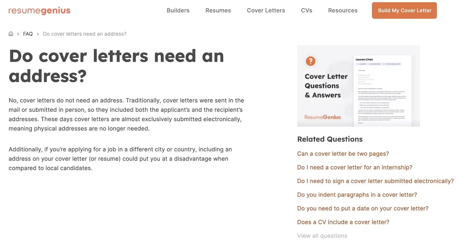 ResumeGenius FAQ page explaining whether cover letters need an address with related questions list.