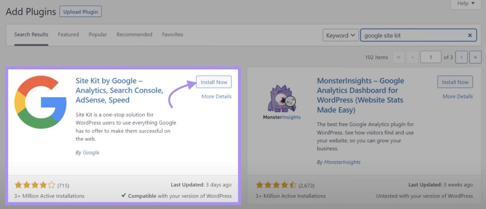 "Install Now" button selected next to Site Kit by Google plugin