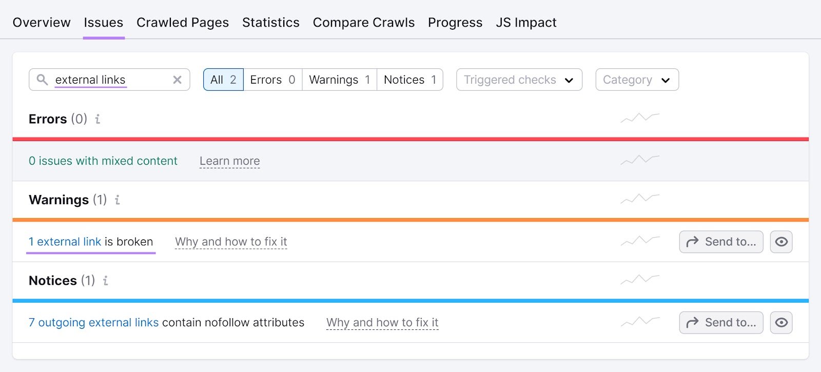 "Issues" tab of the Site Audit tool with "external links" in the search bar and "1 external link is broken" highlighted