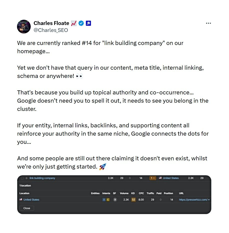 A post on X talking about brand building and SEO.