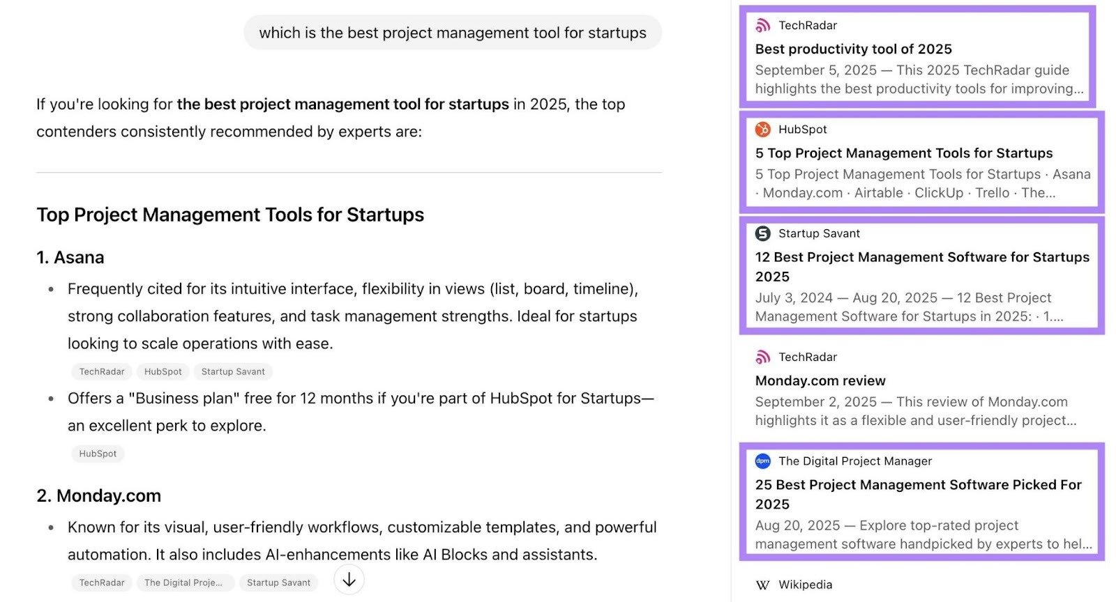 Multiple product roundup articles cited on a ChatGPT response to "which is the best project management tool for startups".
