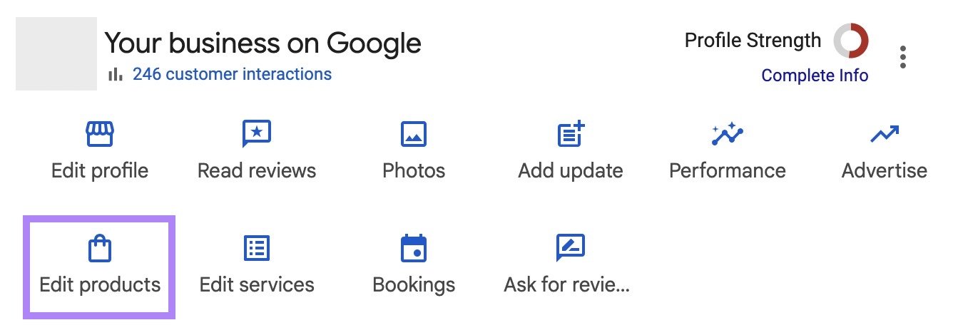 The "Edit products" button highlighted on the Google Business Profile dashboard.