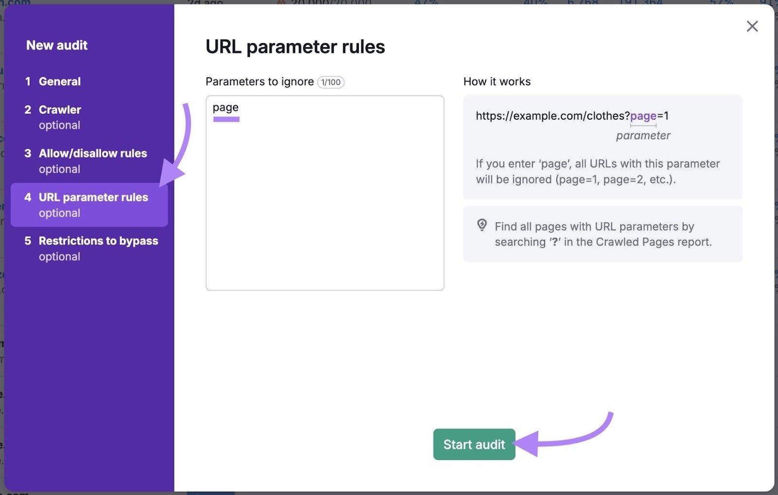 The “URL parameter rules” tab on the Site Audit setup with "page" entered as a parameter to ignore and "Start audit" clicked.
