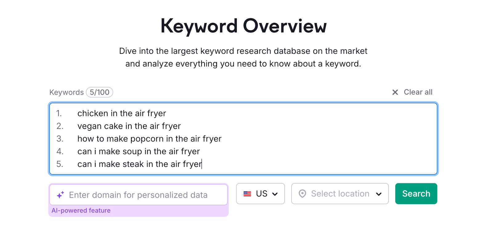 Entering a list of newly discovered terms into Semrush's Keyword Overview tool.