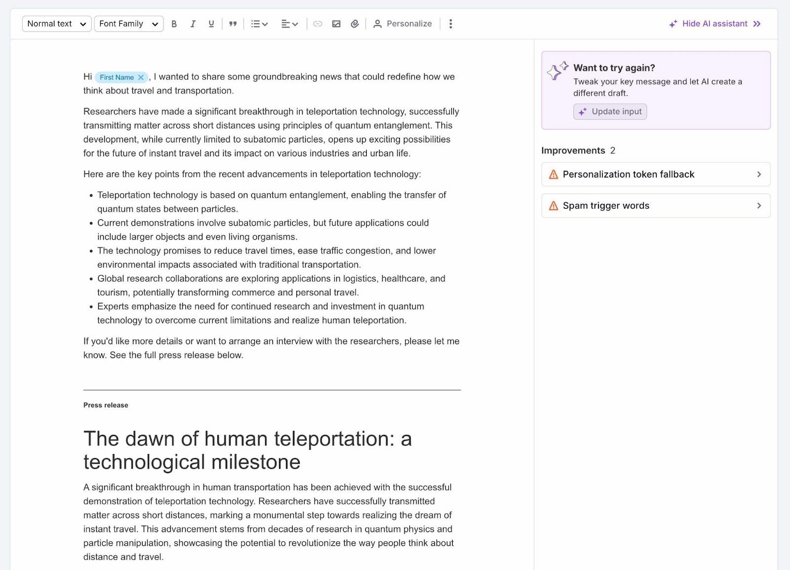 A press release along with an outreach email draft on the AI PR Toolkit editor.