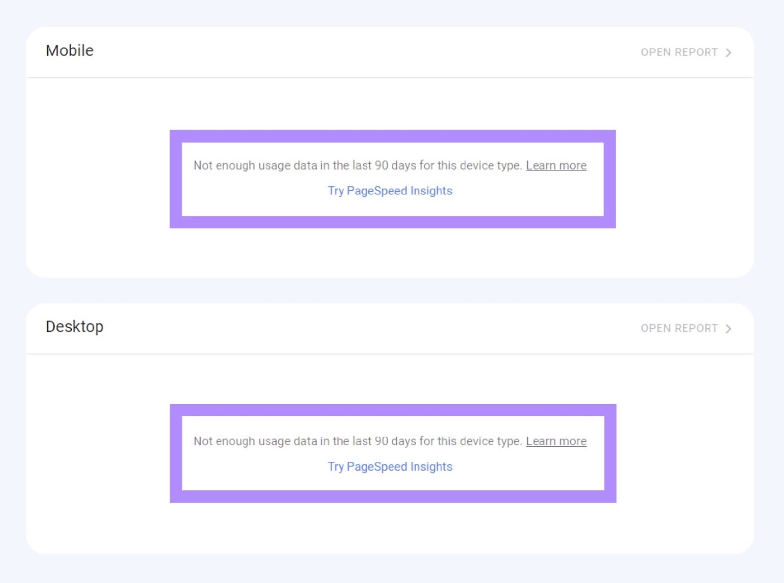 Core web vitals report page on GSC with a message reading "Not enough usage data in the last 90 days for this device type".
