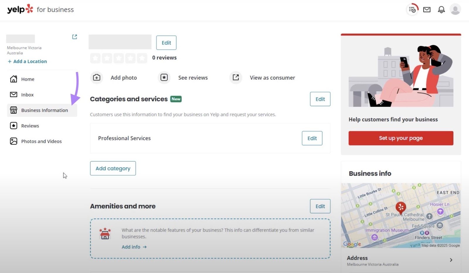 Business information window on Yelp with options to update details like the address, hours, and services.