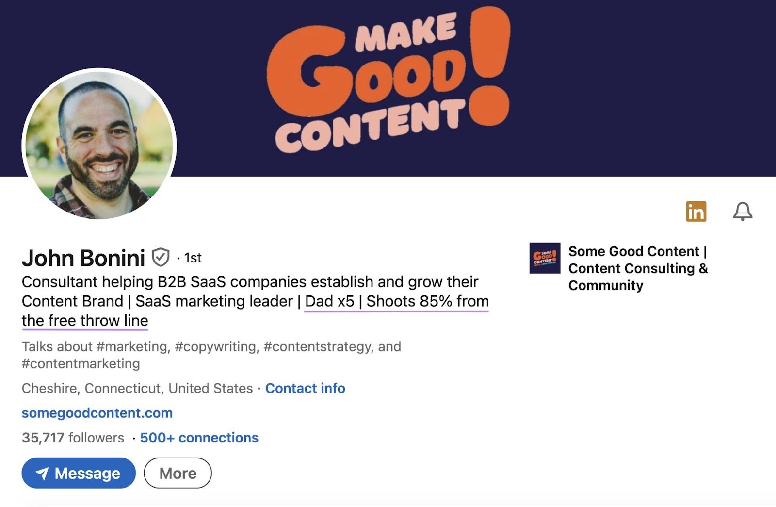 Founder of Some Good Content John Bonini's LinkedIn profile