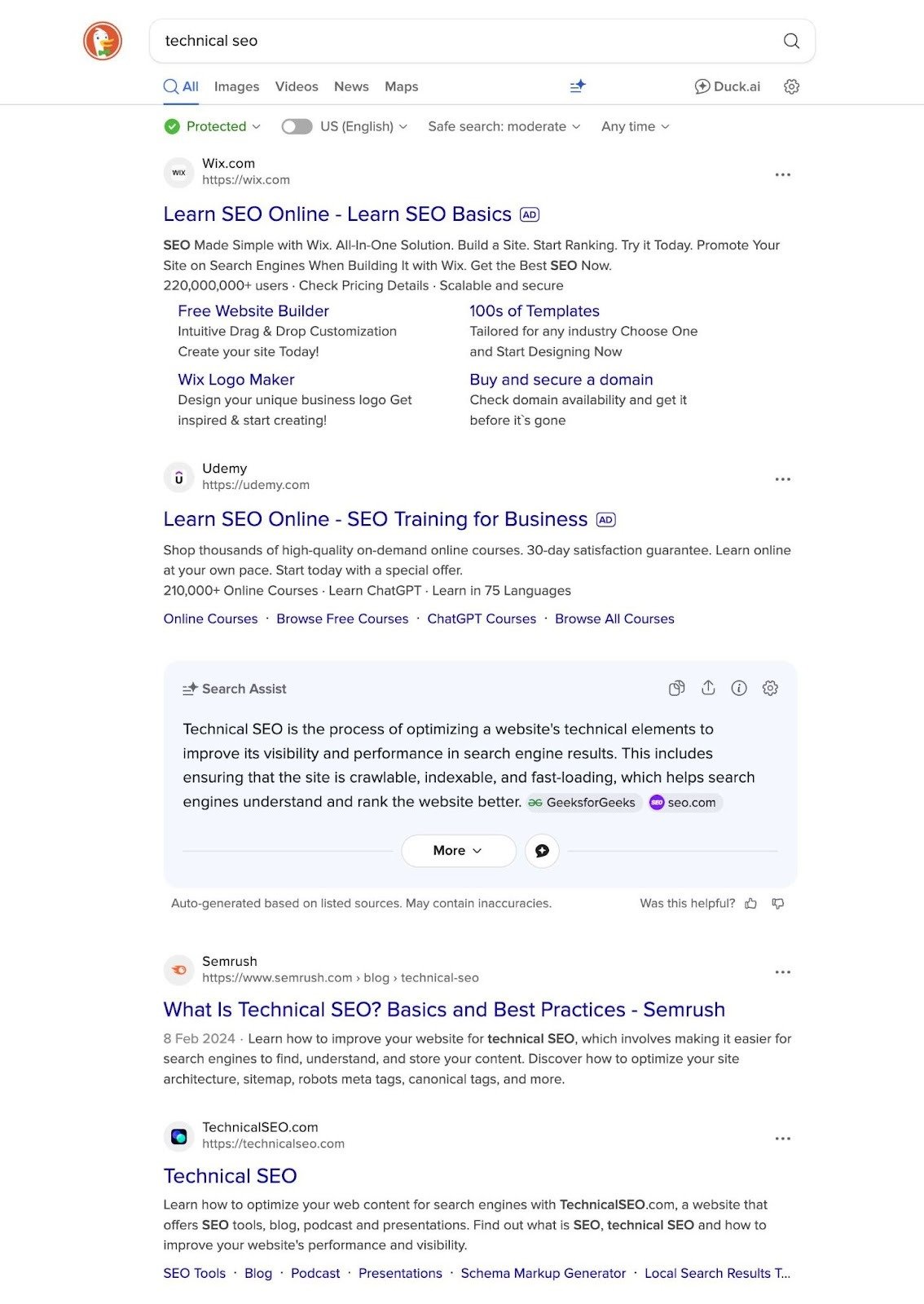 DuckDuckGo SERP for the term "technical seo" showing a paid ad, a "Search Assist" answer, along with traditional organic results.