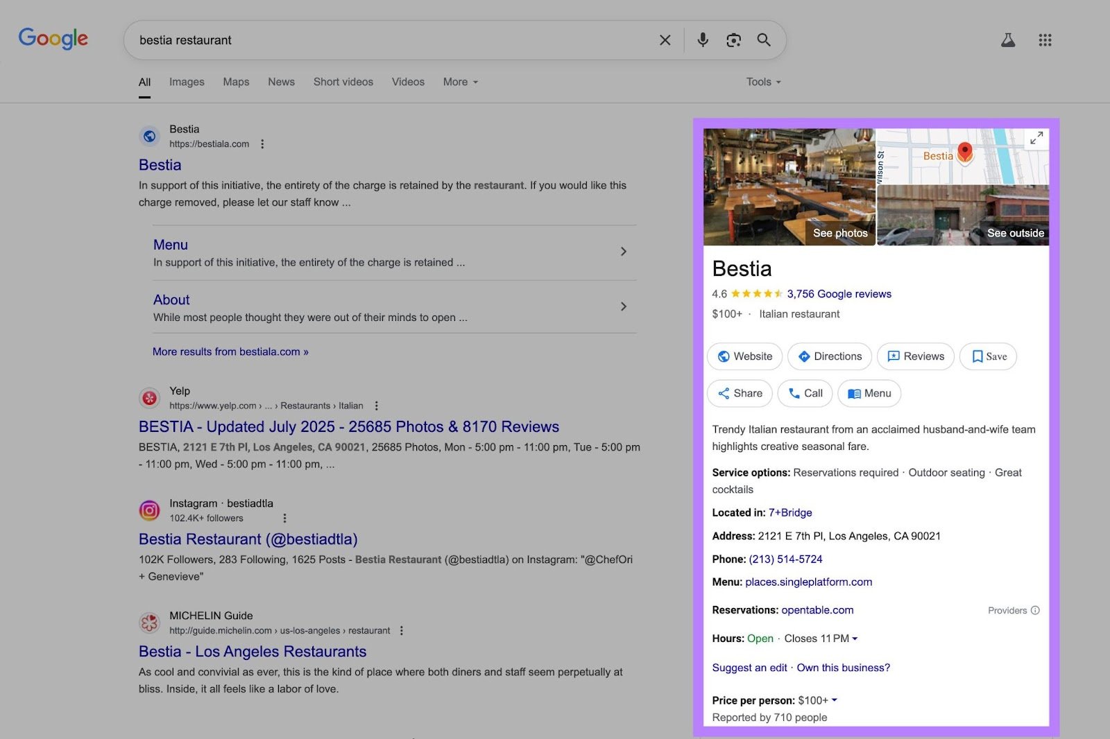 A Google Business Profile highlighted on the right-hand side of the SERP.