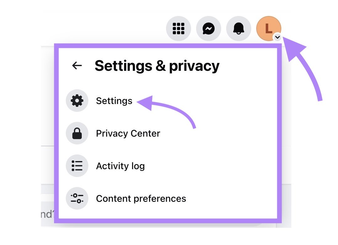 "Settings" from under "Settings & Privacy" clicked on Facebook.