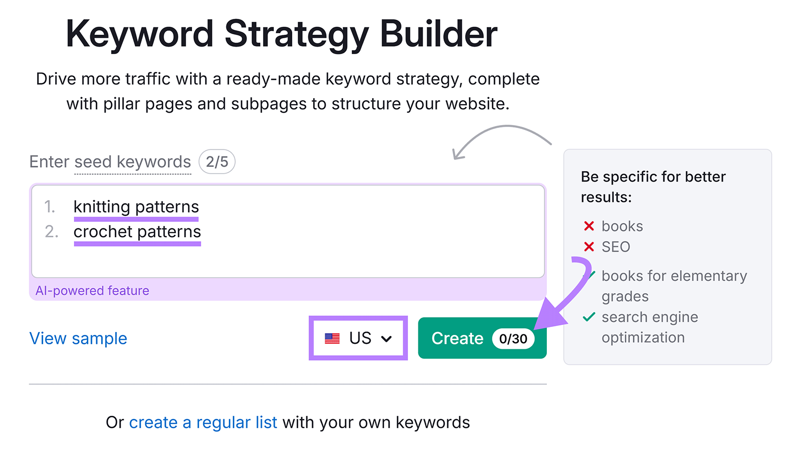 Keyword Strategy Builder showing seed keyword inputs and guidance on specificity.