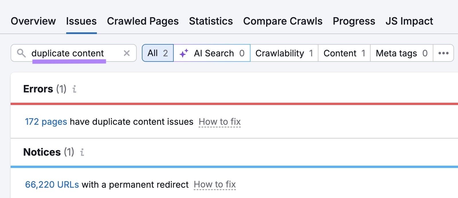 "duplicate content" entered on the "Issues" tab of the Site Audit tool showing a list of related errors and notices.