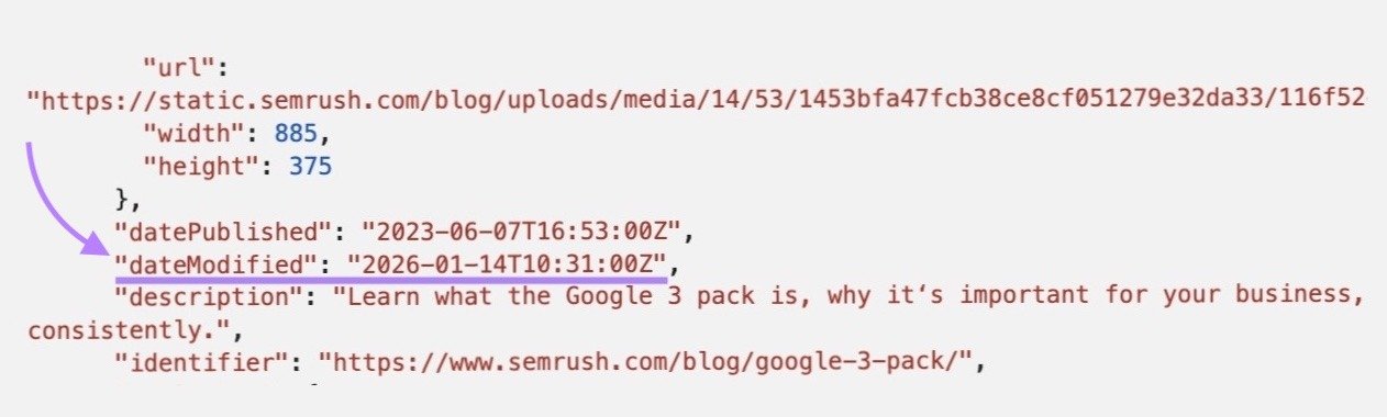 The "dateModified" property highlighted on the source code of a page.