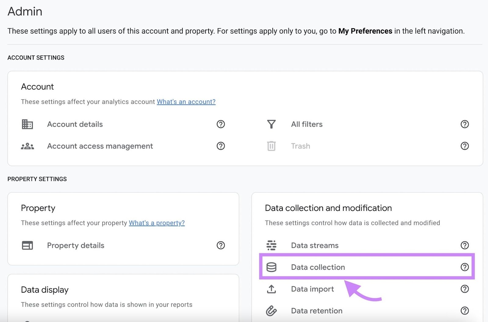 "Data collection" selected from the GA4 Admin panel
