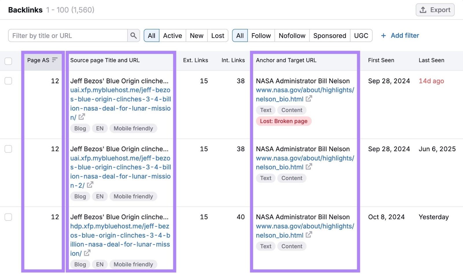 Page authority score, source page title and URL, anchor and target URL columns highlighted on the "Backlinks" report in the Backlinks tool.