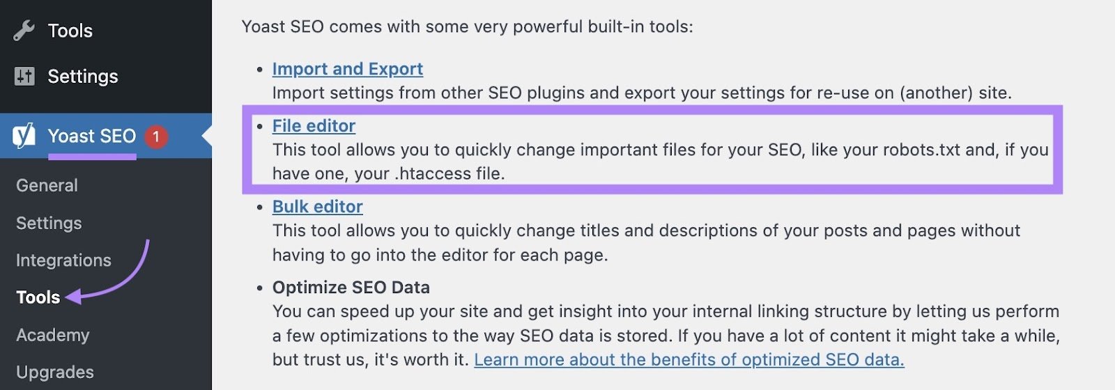 "File editor" clicked from the "Tools" tab on Yoast SEO.