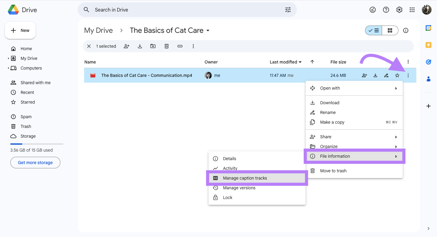 A screenshot of the dropdown menus for video uploads and captions.