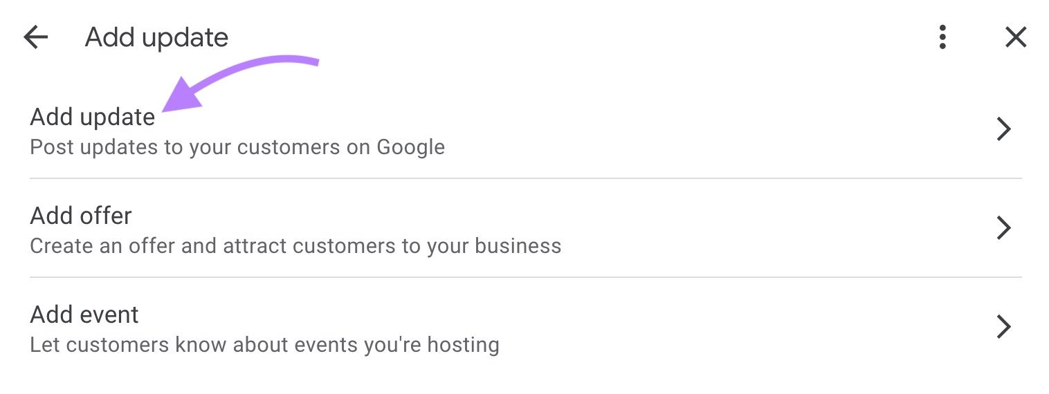 "Add update" clicked on the "Add update" window of GBP to post updates to customers on Google.