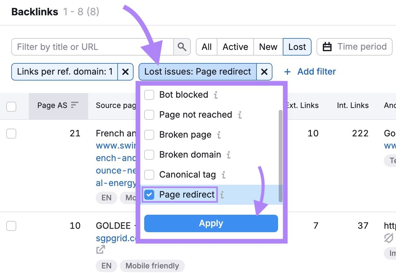 “+ Add filter” option clicked, “Lost issues” selected, the box next to “Page redirect” checked, & "Apply" clicked on the Backlinks report.