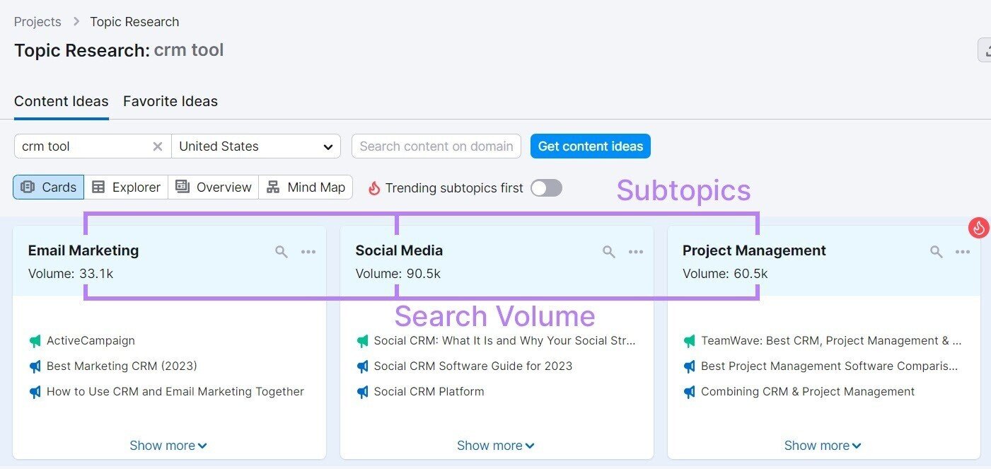 content ideas example in Topic Research tool