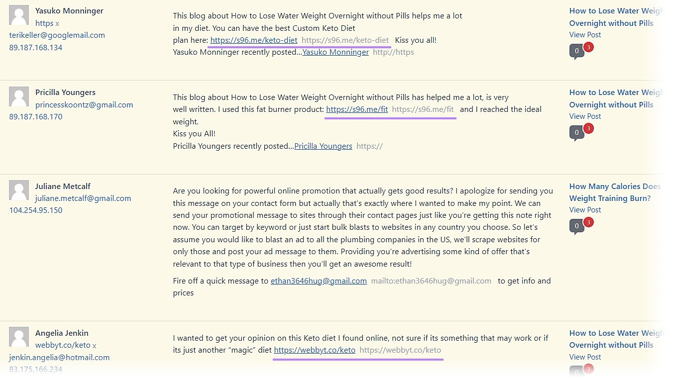 "Comments" tab of the Wordpress CMS showing multiple user comments that include spammy links