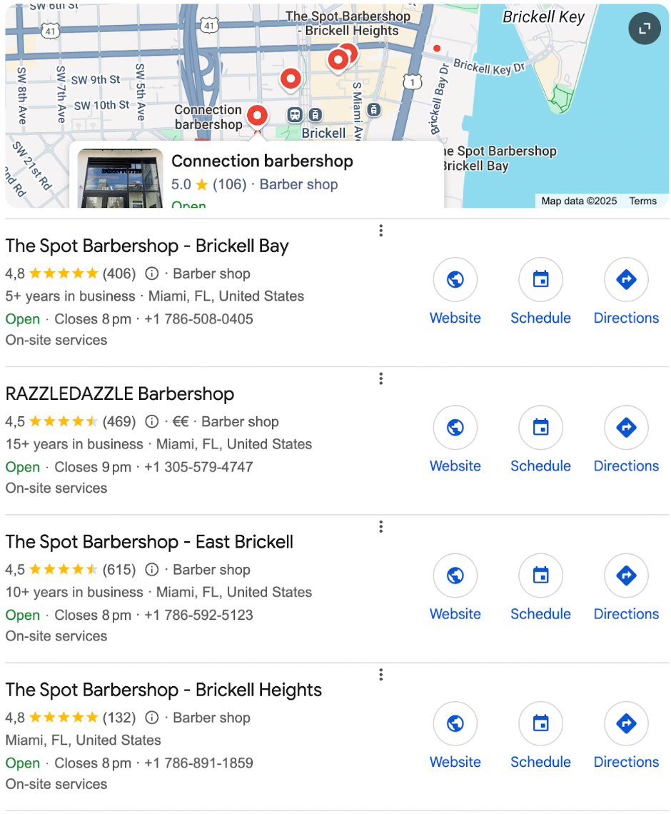 Local Finder results for barbershop near me.
