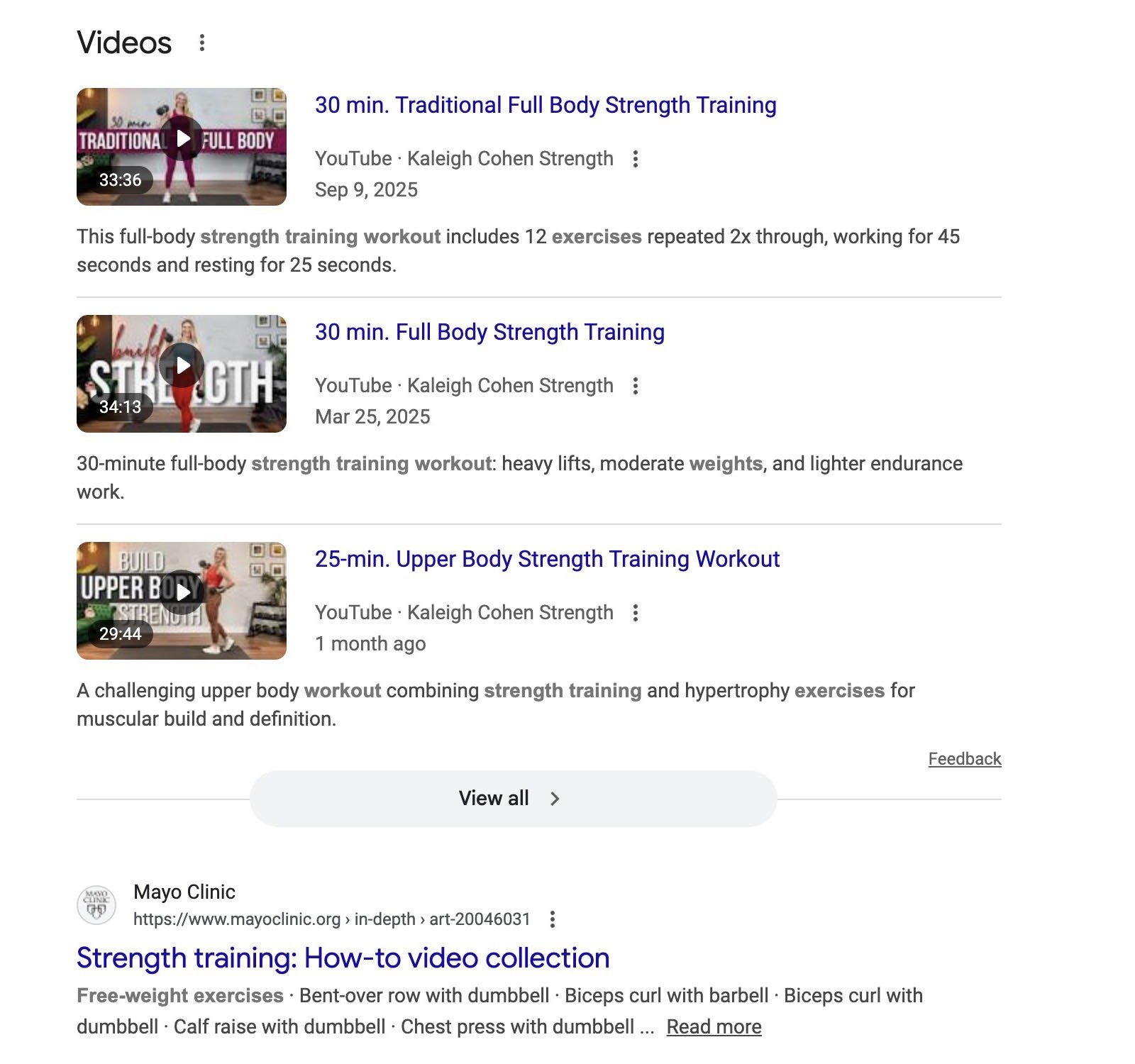Google video carousel displaying YouTube strength training workout videos in search results.
