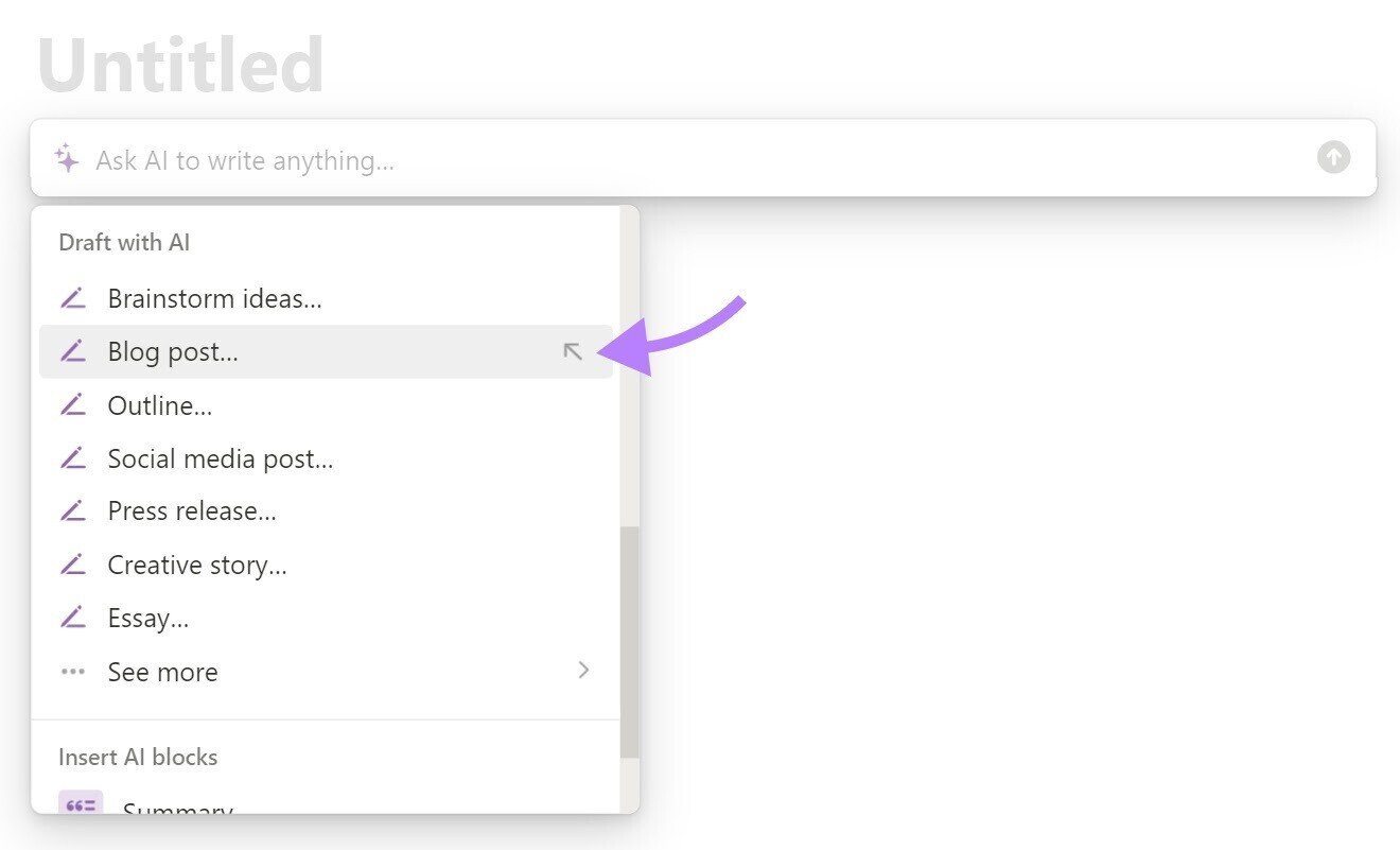 Notion AI's prompt bar with various suggested prompts.