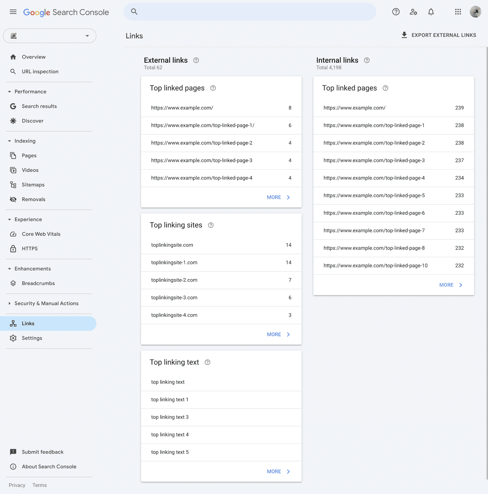 Google Search Console's Links report with external links data (top linked pages, top linking sites, top linking text) and internal links data (top linked pages)