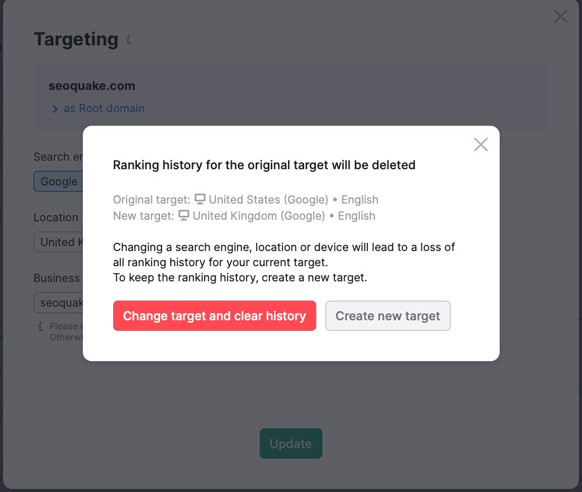 Example of a settings warning indicating that ranking history for the original target will be deleted.