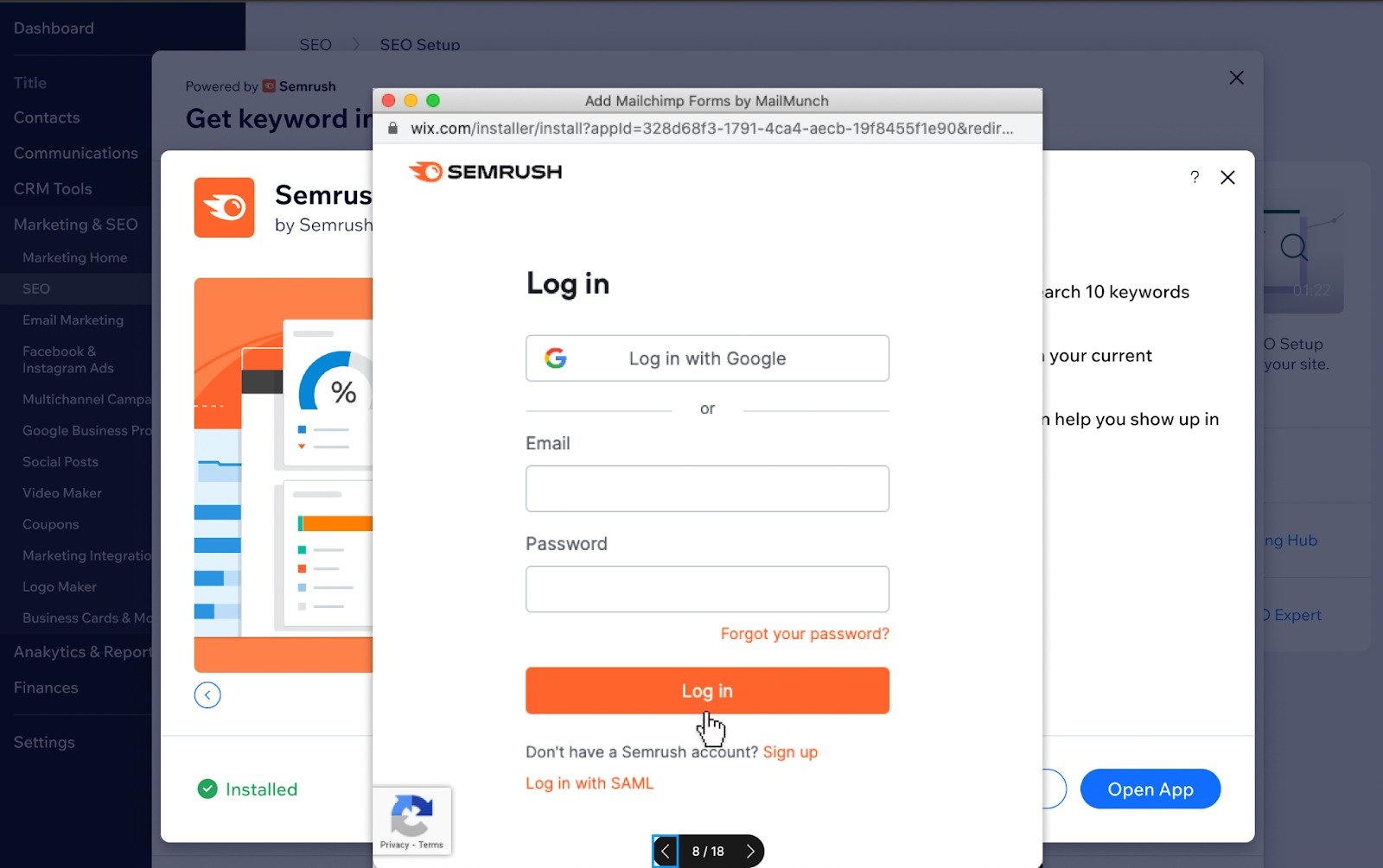 Log in to Semrush during Wix integration